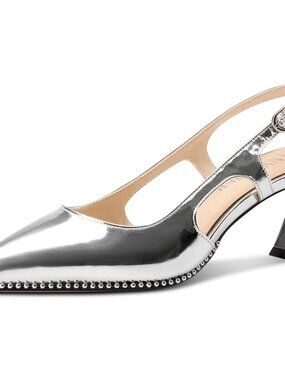 Women's Silver Stylish Pointed Toe Slingback Buckle Ankle Strap Heels Shoes